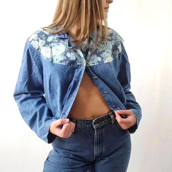 Vintage 90s Floral Western Cropped Denim Shacket Shirt - Picture 1 of 10